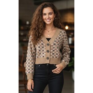 Rebecca Taylor Cashmere Wool Cropped Checkerboard Sweater Womens Large MSRP$395